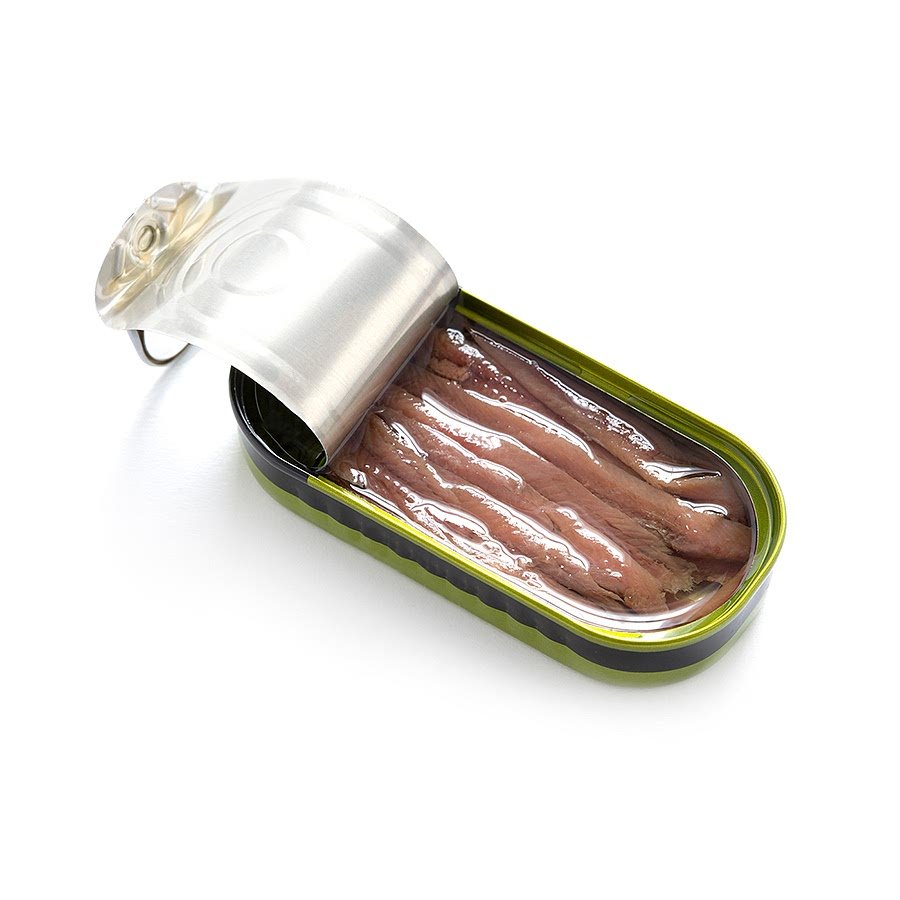Anchovies, canned in olive oil, with salt, drained
